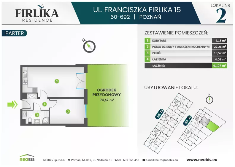 2 pokoje, mieszkanie 41,07 m², parter, oferta nr 15/2, Firlika, Poznań, Piątkowo, Podolany, Ul. Franciszka Firlika 13, 15