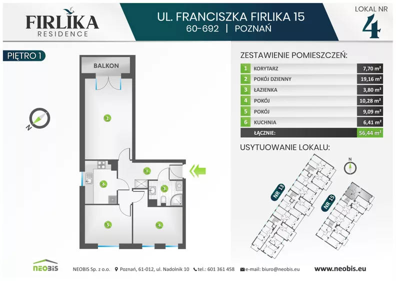 3 pokoje, mieszkanie 56,44 m², piętro 1, oferta nr 15/4, Firlika, Poznań, Piątkowo, Podolany, Ul. Franciszka Firlika 13, 15