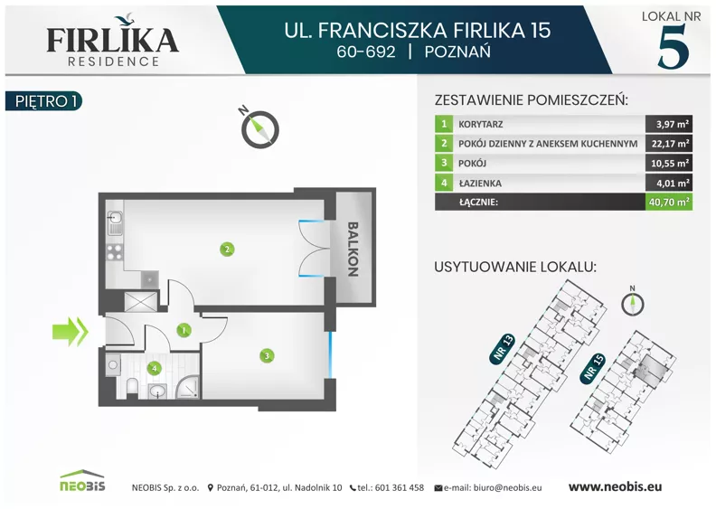 2 pokoje, mieszkanie 40,70 m², piętro 1, oferta nr 15/5, Firlika, Poznań, Piątkowo, Podolany, Ul. Franciszka Firlika 13, 15