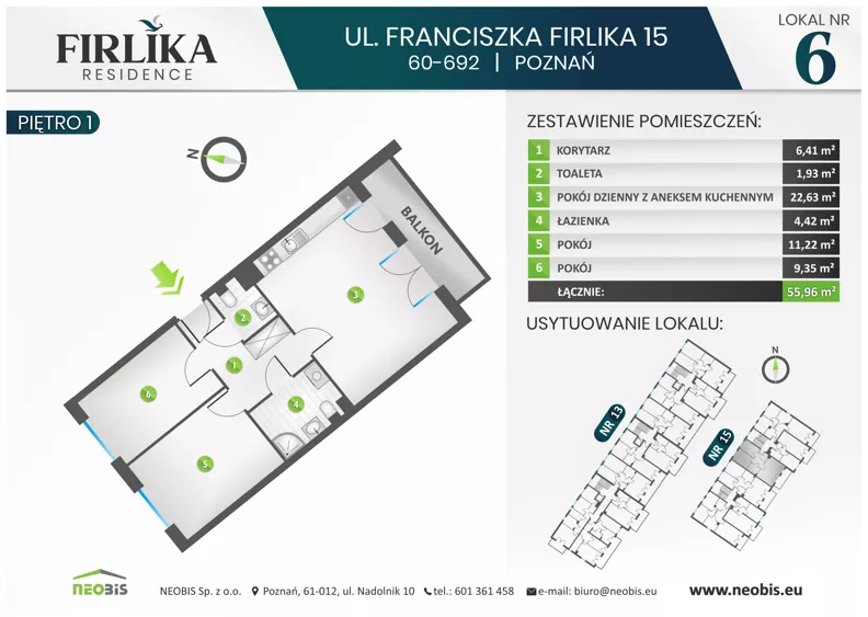 3 pokoje, mieszkanie 55,96 m², piętro 1, oferta nr 15/6, Firlika, Poznań, Piątkowo, Podolany, Ul. Franciszka Firlika 13, 15