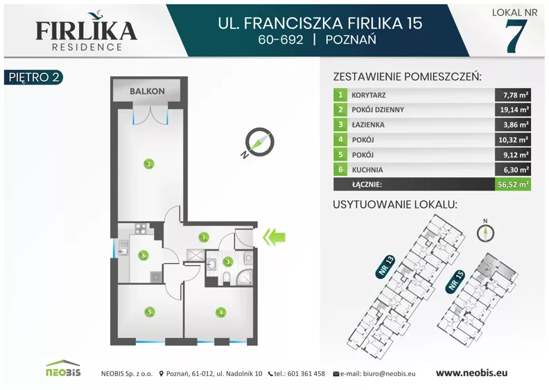 3 pokoje, mieszkanie 56,52 m², piętro 2, oferta nr 15/7, Firlika, Poznań, Piątkowo, Podolany, Ul. Franciszka Firlika 13, 15