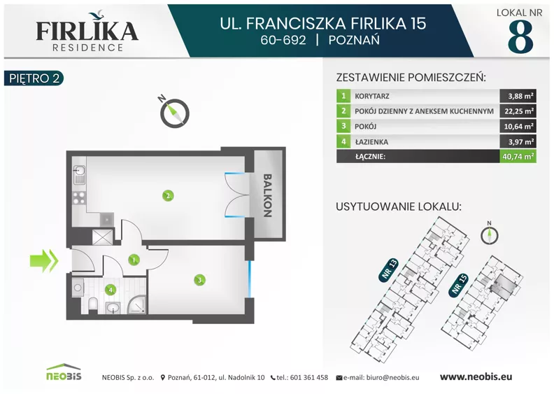 2 pokoje, mieszkanie 40,74 m², piętro 2, oferta nr 15/8, Firlika, Poznań, Piątkowo, Podolany, Ul. Franciszka Firlika 13, 15