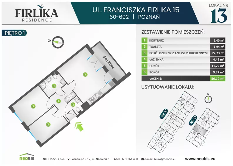 3 pokoje, mieszkanie 56,12 m², piętro 1, oferta nr 15/13, Firlika, Poznań, Piątkowo, Podolany, Ul. Franciszka Firlika 13, 15