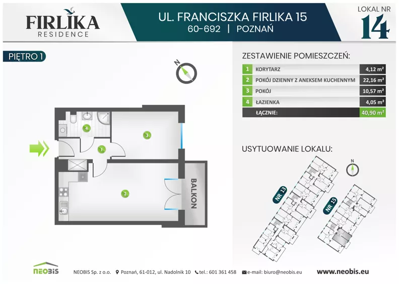 2 pokoje, mieszkanie 40,90 m², piętro 1, oferta nr 15/14, Firlika, Poznań, Piątkowo, Podolany, Ul. Franciszka Firlika 13, 15