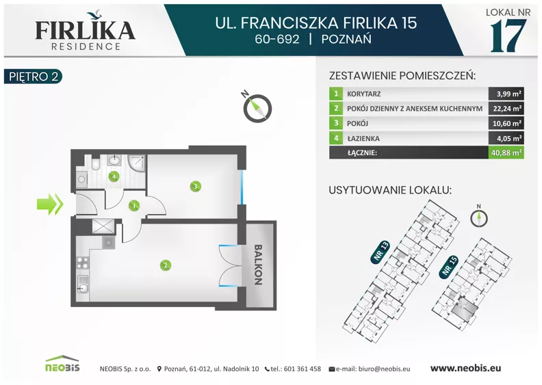 2 pokoje, mieszkanie 40,88 m², piętro 2, oferta nr 15/17, Firlika, Poznań, Piątkowo, Podolany, Ul. Franciszka Firlika 13, 15