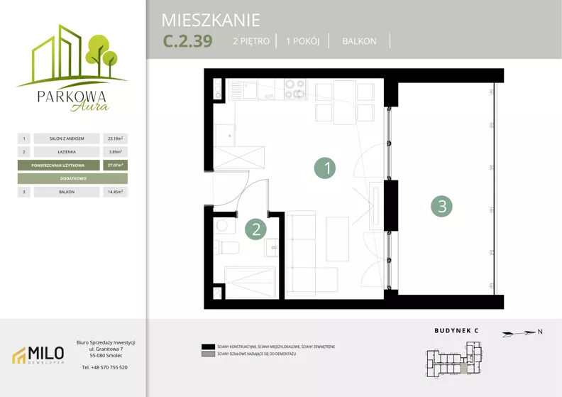 1 pokój, mieszkanie 27,07 m², piętro 2, oferta nr C.2.39, Parkowa Aura, Wrocław, Maślice, Fabryczna, Aleja Śliwowa 48a