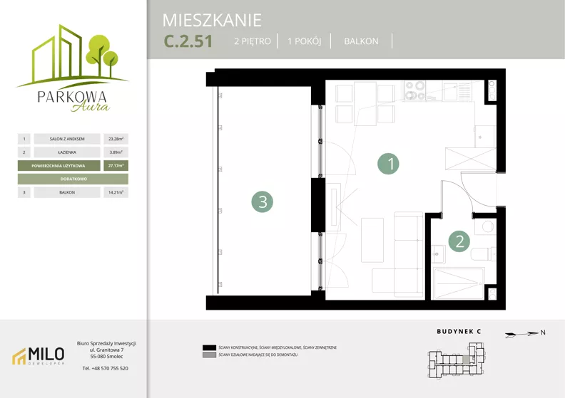 1 pokój, mieszkanie 27,17 m², piętro 2, oferta nr C.2.51, Parkowa Aura, Wrocław, Maślice, Fabryczna, Aleja Śliwowa 48a