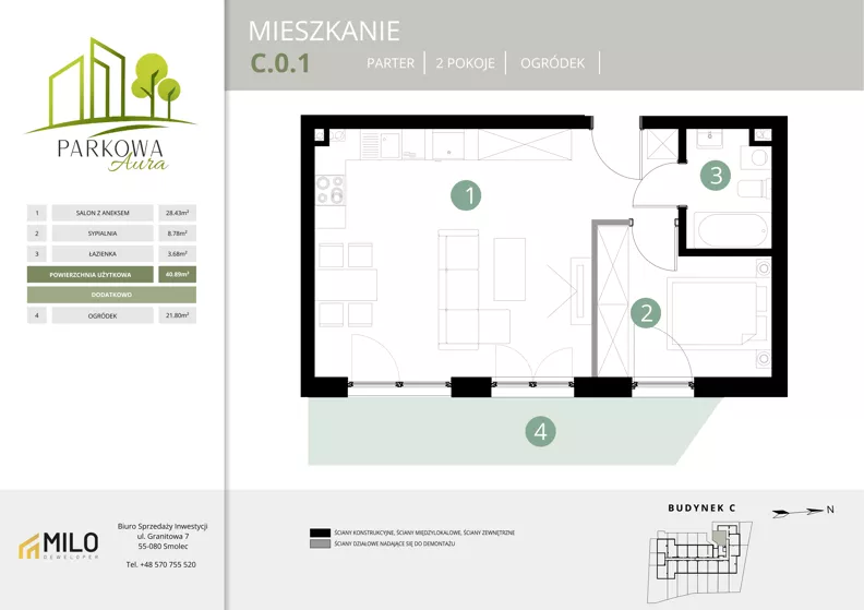 2 pokoje, mieszkanie 40,89 m², parter, oferta nr C.0.1, Parkowa Aura, Wrocław, Maślice, Fabryczna, Aleja Śliwowa 48a
