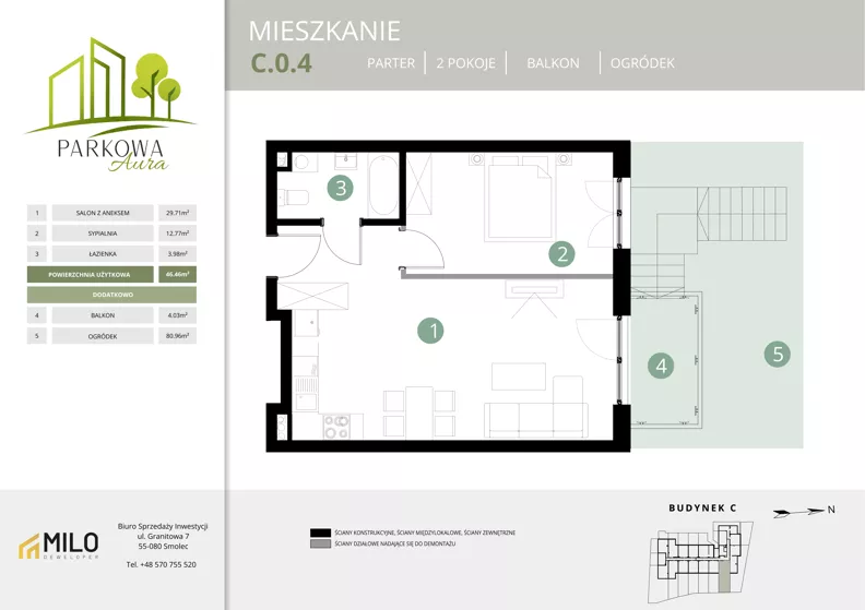 2 pokoje, mieszkanie 46,46 m², parter, oferta nr C.0.4, Parkowa Aura, Wrocław, Maślice, Fabryczna, Aleja Śliwowa 48a