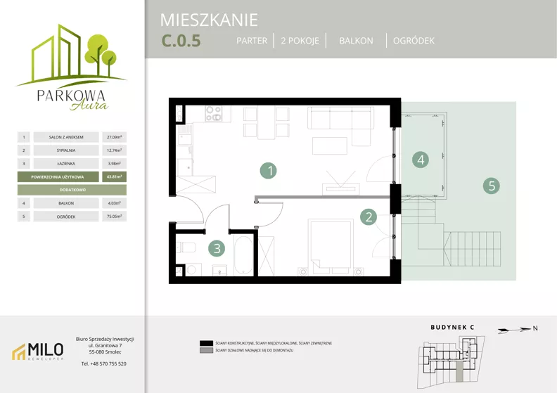 2 pokoje, mieszkanie 43,81 m², parter, oferta nr C.0.5, Parkowa Aura, Wrocław, Maślice, Fabryczna, Aleja Śliwowa 48a