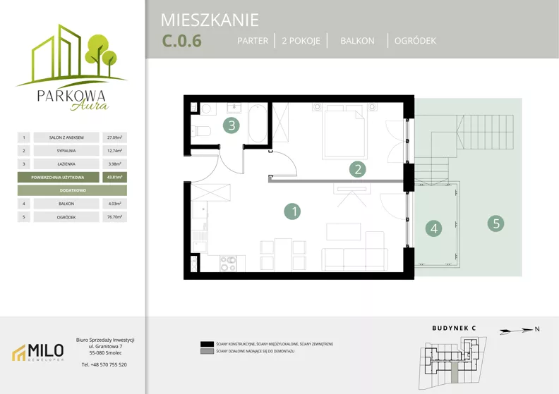 2 pokoje, mieszkanie 43,81 m², parter, oferta nr C.0.6, Parkowa Aura, Wrocław, Maślice, Fabryczna, Aleja Śliwowa 48a