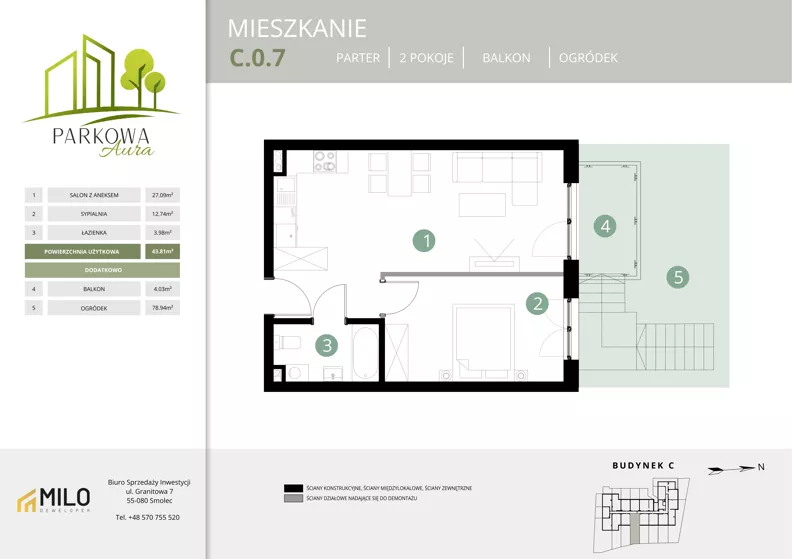 2 pokoje, mieszkanie 43,81 m², parter, oferta nr C.0.7, Parkowa Aura, Wrocław, Maślice, Fabryczna, Aleja Śliwowa 48a