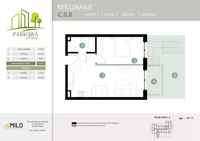 2 pokoje, mieszkanie 43,81 m², parter, oferta nr C.0.8, Parkowa Aura, Wrocław, Maślice, Fabryczna, Aleja Śliwowa 48a