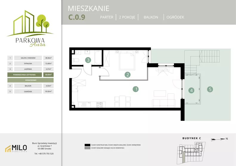 2 pokoje, mieszkanie 55,83 m², parter, oferta nr C.0.9, Parkowa Aura, Wrocław, Maślice, Fabryczna, Aleja Śliwowa 48a