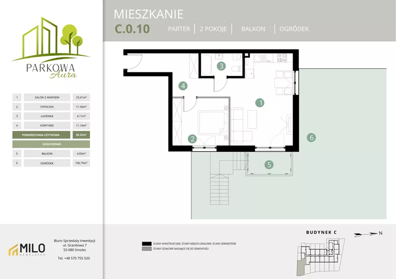2 pokoje, mieszkanie 50,22 m², parter, oferta nr C.0.10, Parkowa Aura, Wrocław, Maślice, Fabryczna, Aleja Śliwowa 48a