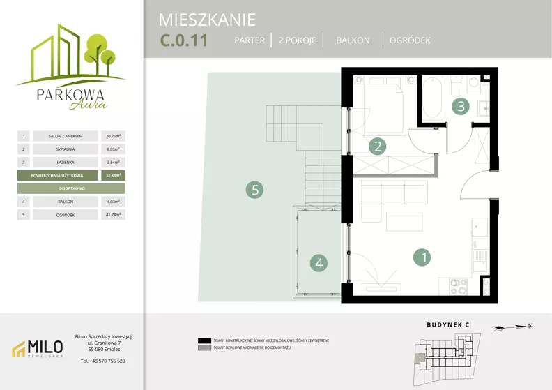 2 pokoje, mieszkanie 32,33 m², parter, oferta nr C.0.11, Parkowa Aura, Wrocław, Maślice, Fabryczna, Aleja Śliwowa 48a