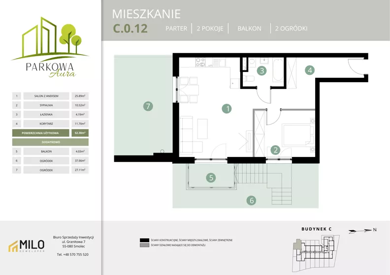 2 pokoje, mieszkanie 52,30 m², parter, oferta nr C.0.12, Parkowa Aura, Wrocław, Maślice, Fabryczna, Aleja Śliwowa 48a