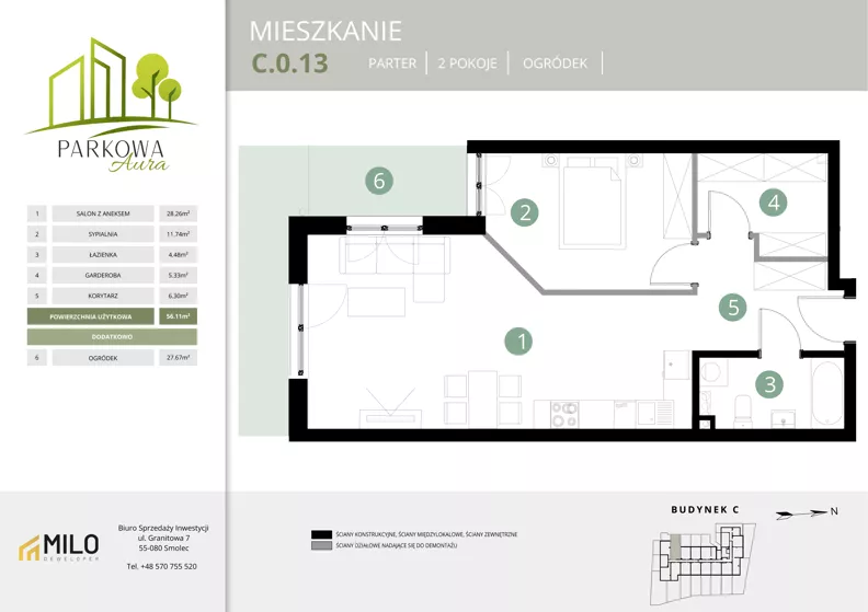 2 pokoje, mieszkanie 56,11 m², parter, oferta nr C.0.13, Parkowa Aura, Wrocław, Maślice, Fabryczna, Aleja Śliwowa 48a