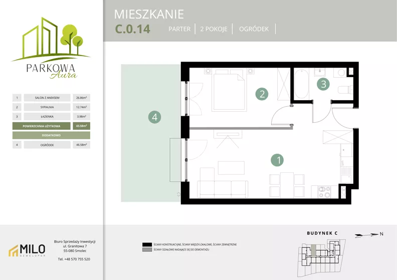 2 pokoje, mieszkanie 43,58 m², parter, oferta nr C.0.14, Parkowa Aura, Wrocław, Maślice, Fabryczna, Aleja Śliwowa 48a