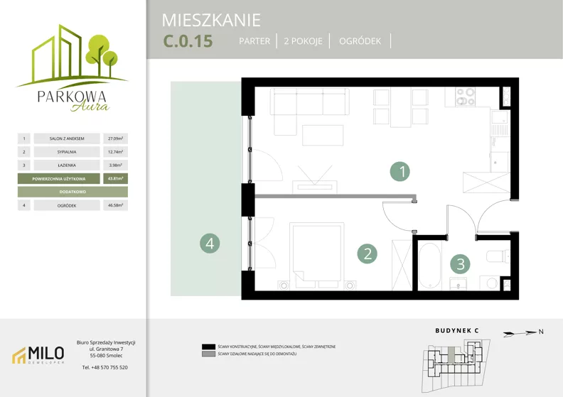 2 pokoje, mieszkanie 43,81 m², parter, oferta nr C.0.15, Parkowa Aura, Wrocław, Maślice, Fabryczna, Aleja Śliwowa 48a