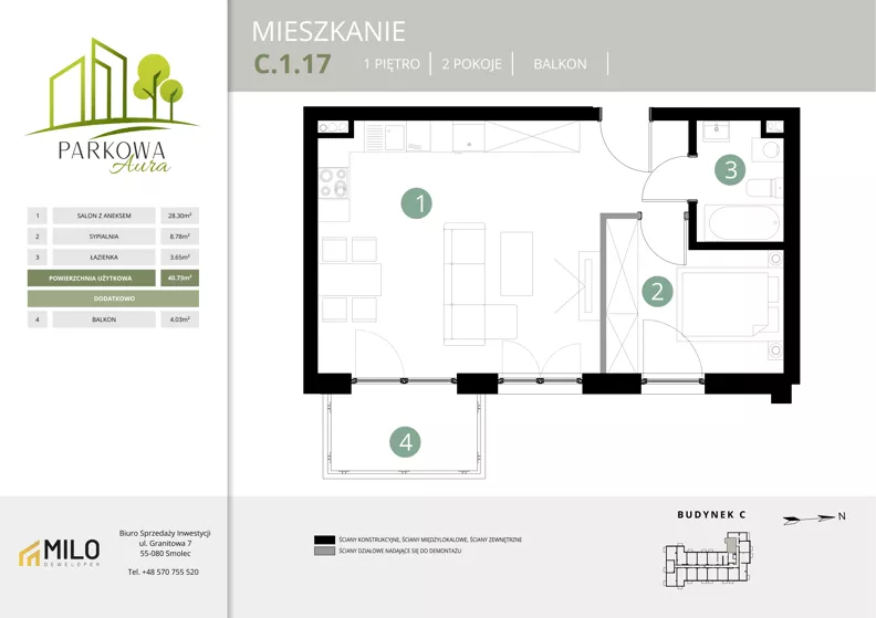 2 pokoje, mieszkanie 40,73 m², piętro 1, oferta nr C.1.17, Parkowa Aura, Wrocław, Maślice, Fabryczna, Aleja Śliwowa 48a