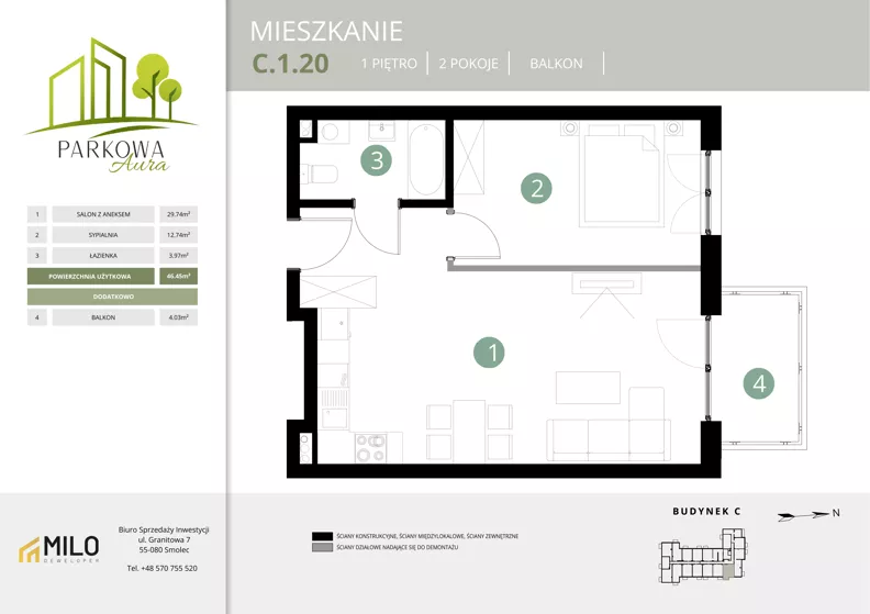 2 pokoje, mieszkanie 46,45 m², piętro 1, oferta nr C.1.20, Parkowa Aura, Wrocław, Maślice, Fabryczna, Aleja Śliwowa 48a