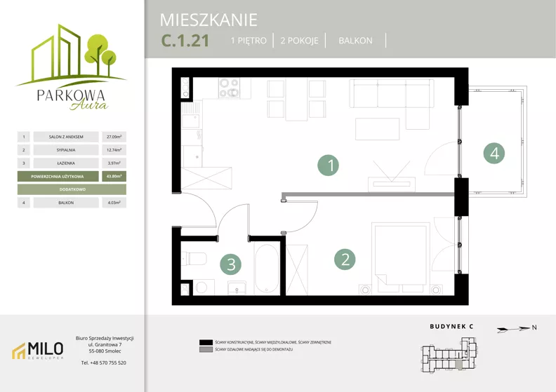 2 pokoje, mieszkanie 43,80 m², piętro 1, oferta nr C.1.21, Parkowa Aura, Wrocław, Maślice, Fabryczna, Aleja Śliwowa 48a