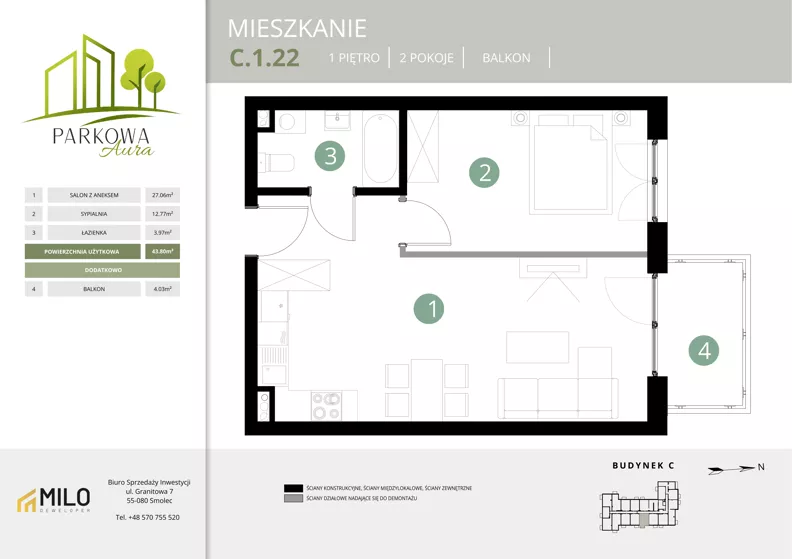 2 pokoje, mieszkanie 43,80 m², piętro 1, oferta nr C.1.22, Parkowa Aura, Wrocław, Maślice, Fabryczna, Aleja Śliwowa 48a