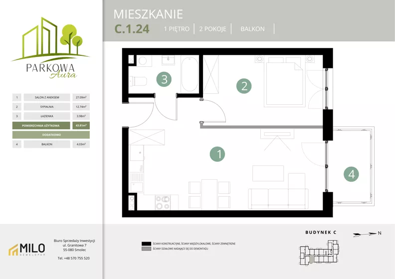 2 pokoje, mieszkanie 43,81 m², piętro 1, oferta nr C.1.24, Parkowa Aura, Wrocław, Maślice, Fabryczna, Aleja Śliwowa 48a