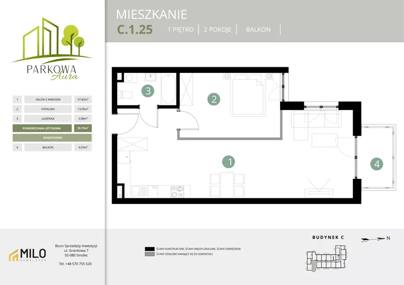 2 pokoje, mieszkanie 55,75 m², piętro 1, oferta nr C.1.25, Parkowa Aura, Wrocław, Maślice, Fabryczna, Aleja Śliwowa 48a