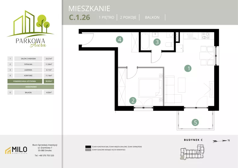 2 pokoje, mieszkanie 50,02 m², piętro 1, oferta nr C.1.26, Parkowa Aura, Wrocław, Maślice, Fabryczna, Aleja Śliwowa 48a