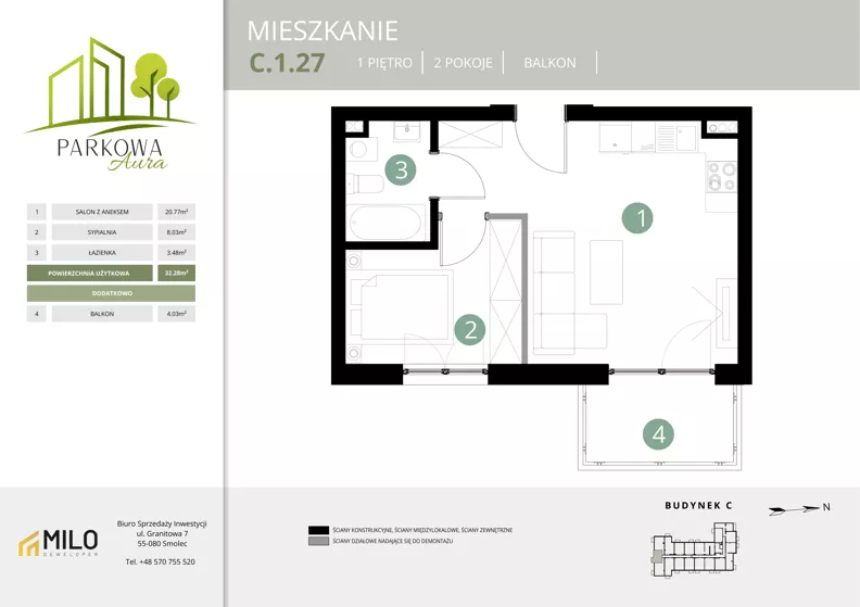 2 pokoje, mieszkanie 32,28 m², piętro 1, oferta nr C.1.27, Parkowa Aura, Wrocław, Maślice, Fabryczna, Aleja Śliwowa 48a