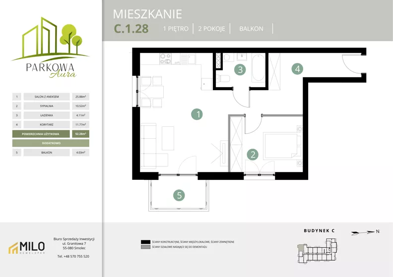 2 pokoje, mieszkanie 52,28 m², piętro 1, oferta nr C.1.28, Parkowa Aura, Wrocław, Maślice, Fabryczna, Aleja Śliwowa 48a