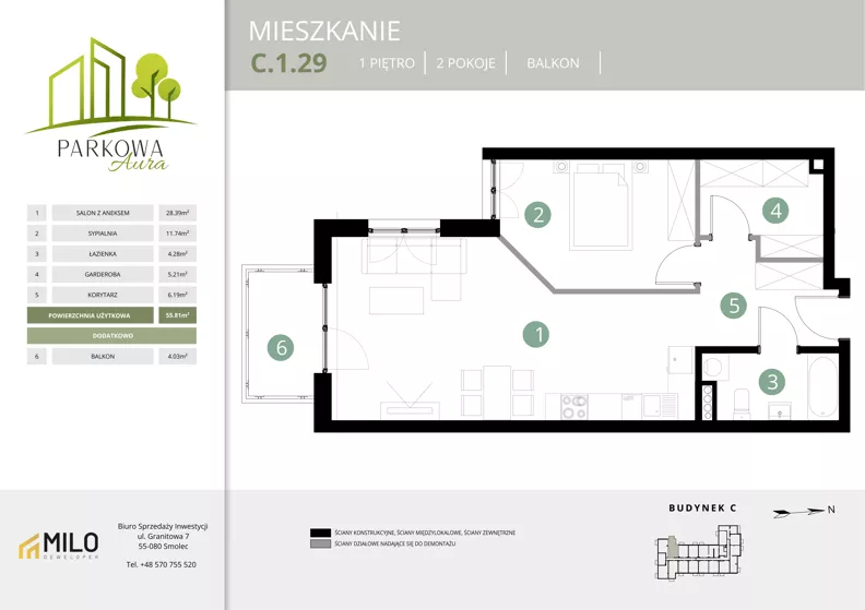 2 pokoje, mieszkanie 55,81 m², piętro 1, oferta nr C.1.29, Parkowa Aura, Wrocław, Maślice, Fabryczna, Aleja Śliwowa 48a