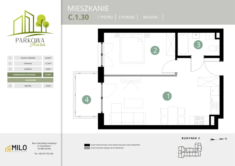 2 pokoje, mieszkanie 43,58 m², piętro 1, oferta nr C.1.30, Parkowa Aura, Wrocław, Maślice, Fabryczna, Aleja Śliwowa 48a