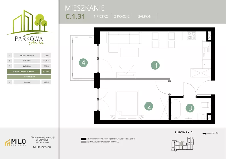 2 pokoje, mieszkanie 43,81 m², piętro 1, oferta nr C.1.31, Parkowa Aura, Wrocław, Maślice, Fabryczna, Aleja Śliwowa 48a