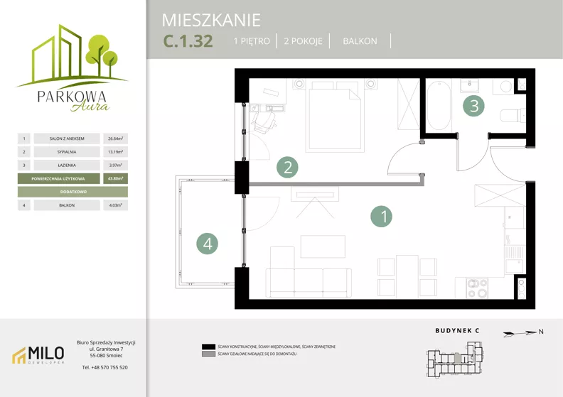2 pokoje, mieszkanie 43,80 m², piętro 1, oferta nr C.1.32, Parkowa Aura, Wrocław, Maślice, Fabryczna, Aleja Śliwowa 48a