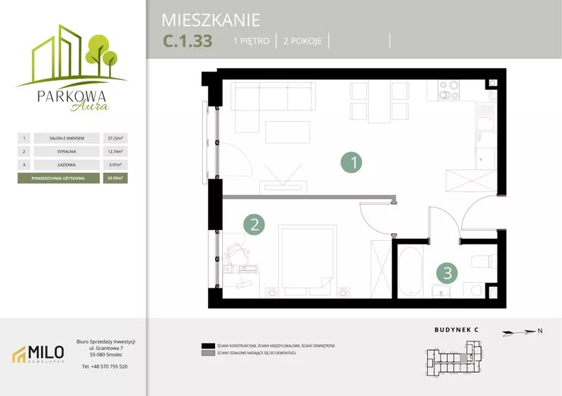 2 pokoje, mieszkanie 43,93 m², piętro 1, oferta nr C.1.33, Parkowa Aura, Wrocław, Maślice, Fabryczna, Aleja Śliwowa 48a
