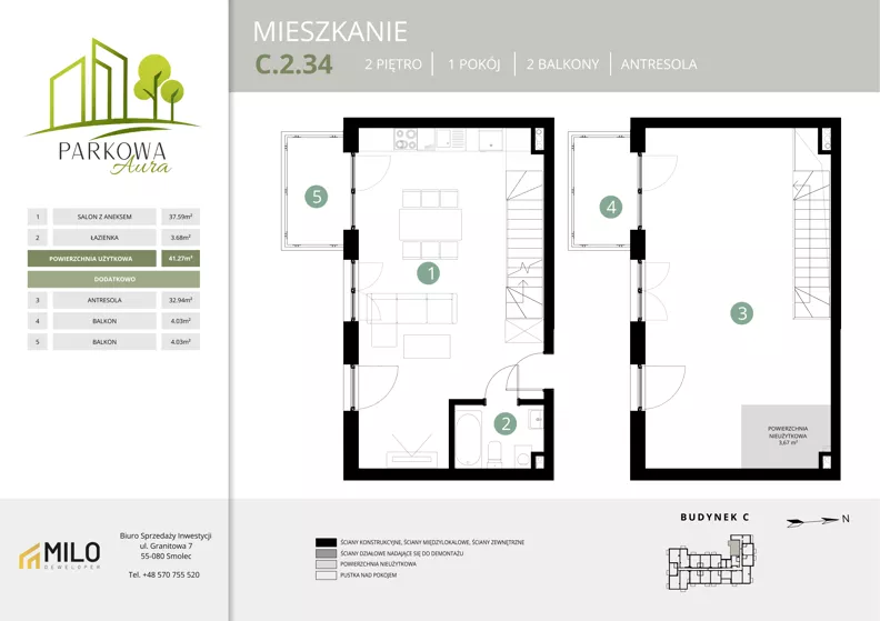 2 pokoje, mieszkanie 77,88 m², piętro 2, oferta nr C.2.34, Parkowa Aura, Wrocław, Maślice, Fabryczna, Aleja Śliwowa 48a