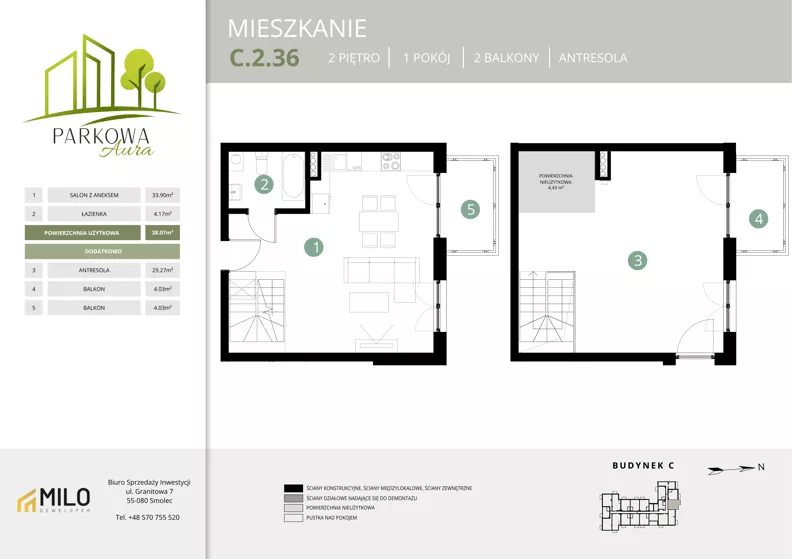2 pokoje, mieszkanie 71,77 m², piętro 2, oferta nr C.2.36, Parkowa Aura, Wrocław, Maślice, Fabryczna, Aleja Śliwowa 48a