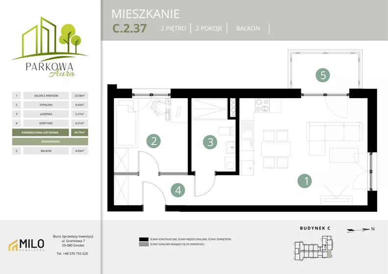2 pokoje, mieszkanie 44,79 m², piętro 2, oferta nr C.2.37, Parkowa Aura, Wrocław, Maślice, Fabryczna, Aleja Śliwowa 48a
