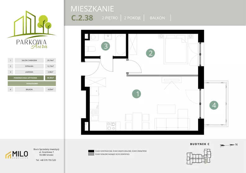 2 pokoje, mieszkanie 46,45 m², piętro 2, oferta nr C.2.38, Parkowa Aura, Wrocław, Maślice, Fabryczna, Aleja Śliwowa 48a