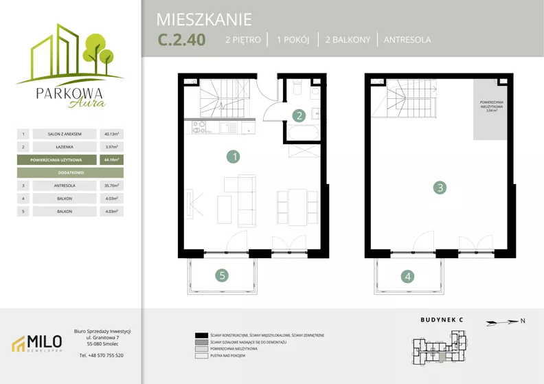 2 pokoje, mieszkanie 83,74 m², piętro 2, oferta nr C.2.40, Parkowa Aura, Wrocław, Maślice, Fabryczna, Aleja Śliwowa 48a