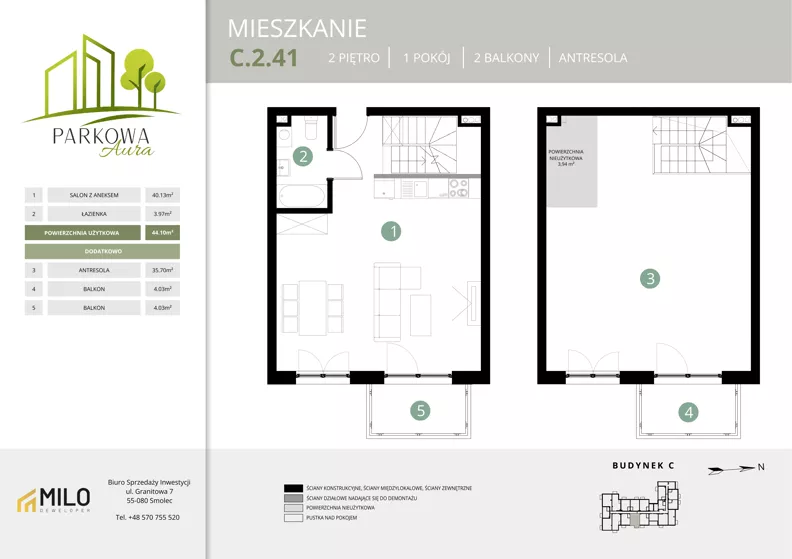 2 pokoje, mieszkanie 83,74 m², piętro 2, oferta nr C.2.41, Parkowa Aura, Wrocław, Maślice, Fabryczna, Aleja Śliwowa 48a