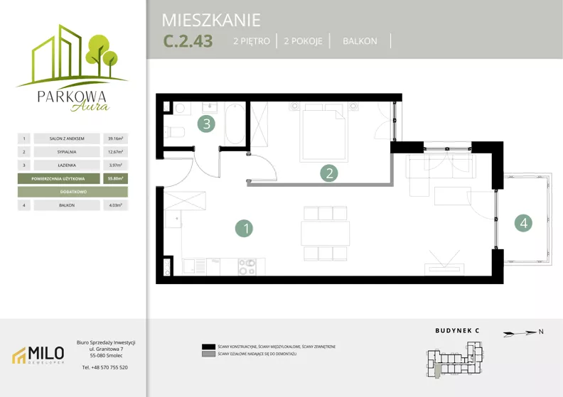 2 pokoje, mieszkanie 55,80 m², piętro 2, oferta nr C.2.43, Parkowa Aura, Wrocław, Maślice, Fabryczna, Aleja Śliwowa 48a