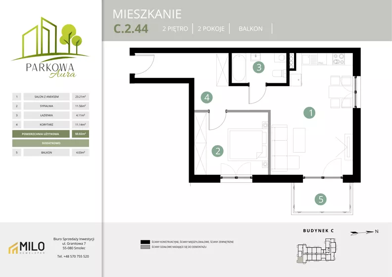 2 pokoje, mieszkanie 50,02 m², piętro 2, oferta nr C.2.44, Parkowa Aura, Wrocław, Maślice, Fabryczna, Aleja Śliwowa 48a