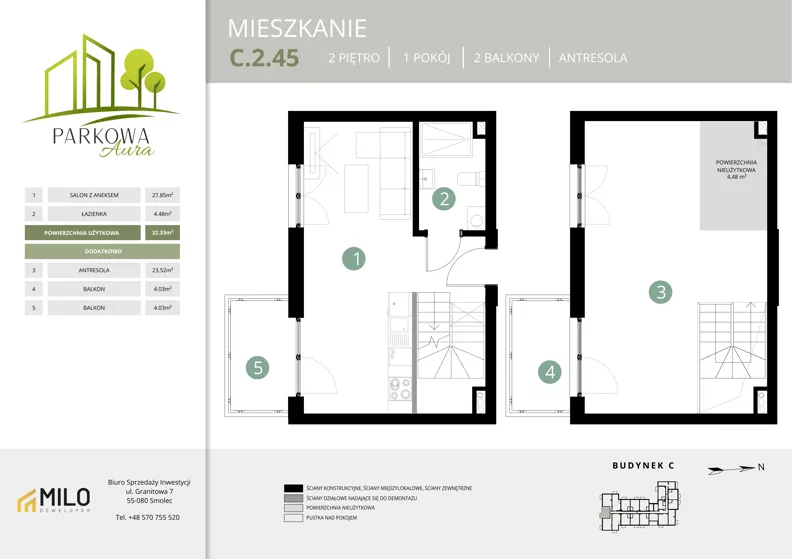 2 pokoje, mieszkanie 60,33 m², piętro 2, oferta nr C.2.45, Parkowa Aura, Wrocław, Maślice, Fabryczna, Aleja Śliwowa 48a