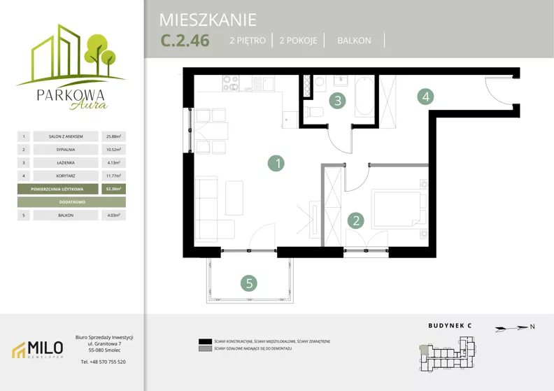 2 pokoje, mieszkanie 52,30 m², piętro 2, oferta nr C.2.46, Parkowa Aura, Wrocław, Maślice, Fabryczna, Aleja Śliwowa 48a