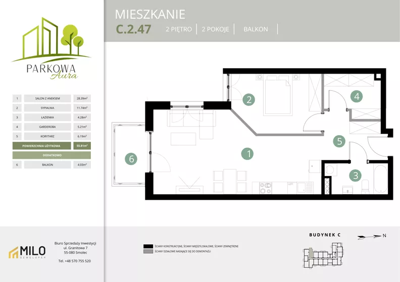 2 pokoje, mieszkanie 55,81 m², piętro 2, oferta nr C.2.47, Parkowa Aura, Wrocław, Maślice, Fabryczna, Aleja Śliwowa 48a