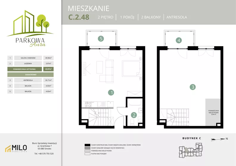 2 pokoje, mieszkanie 83,52 m², piętro 2, oferta nr C.2.48, Parkowa Aura, Wrocław, Maślice, Fabryczna, Aleja Śliwowa 48a